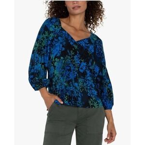 Liverpool Los Angeles Blue Green Floral Blouse Sweetheart Neck 3/4 Sleeve Large